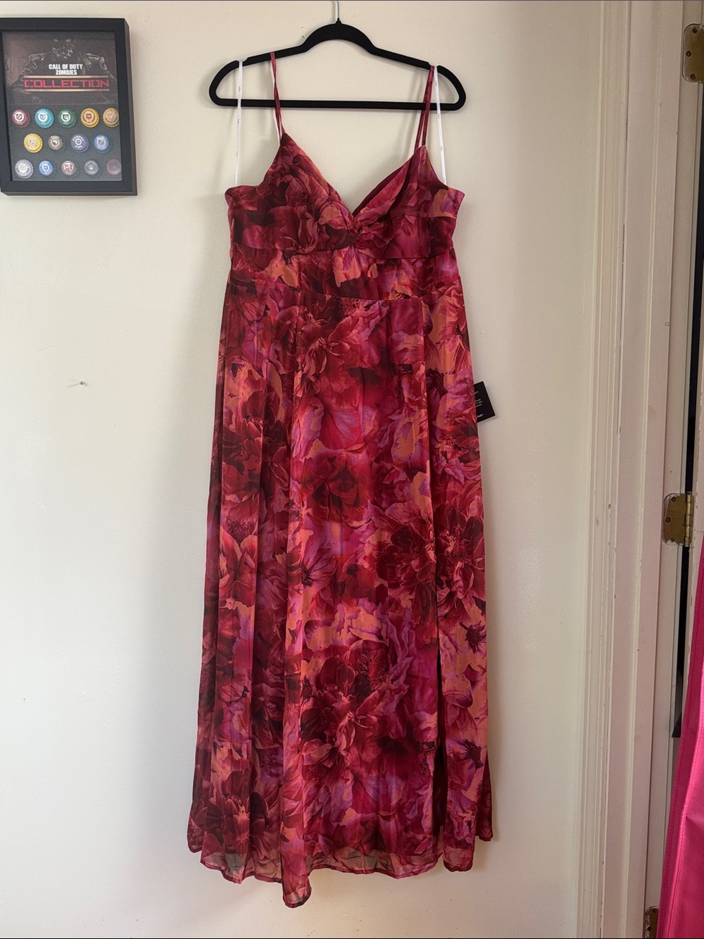 Red Floral Spaghetti-Strap Maxi Dress